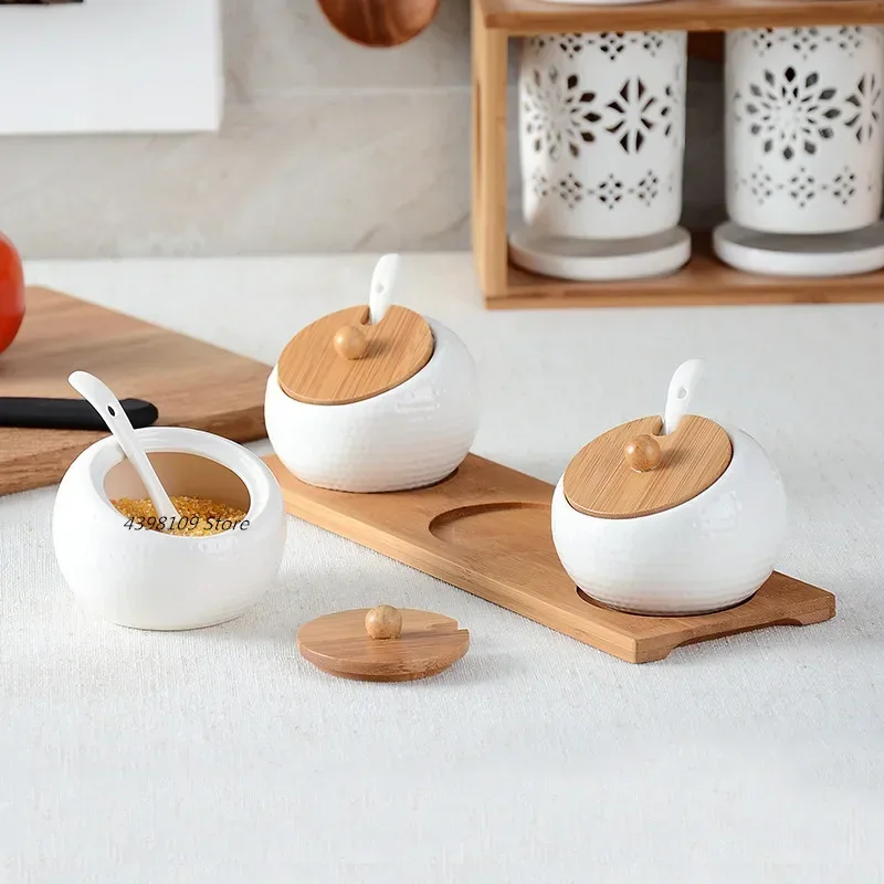 Ceramic Seasoning Pot spice container ceramic condiment pot Seasoning Box Wooden Tray Bottle Sugar Bowl Household Salt Pan with Spoon Kitchen Supplies