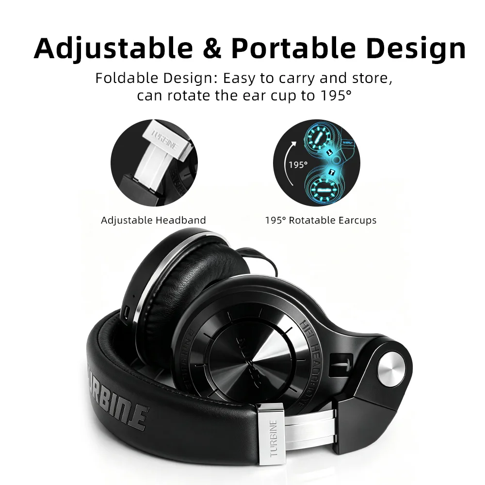 Bluedio T2+ Bluetooth Headphones – Wireless Foldable Headset with Bluetooth 5.4, 57mm HiFi Drivers, Strong Bass & SD Card Music Player 4