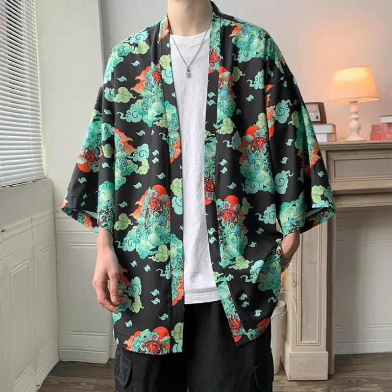 

Streetwear Men's Summer Kimono Printed Jacket 2023 Trendy Windbreaker Men's Cardigan Jacket Plus Size Sun Screen Coat