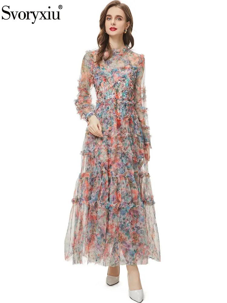 

Svoryxiu Fashion Runway Autumn Party Vintage Floral Print Long Dress Women's High Waist A-Line Net Yarn Flounces Big Swing Dress