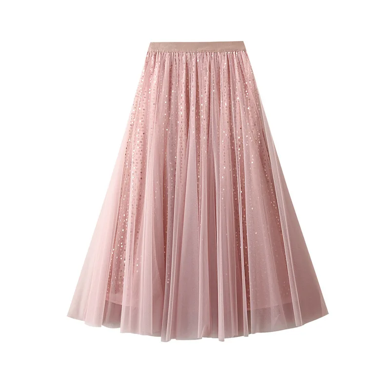 

Fashionable Sequin Mesh Half For Women In Spring And Summer, New High Waisted Draped Slimming Gauze Large Swing Skirt, Long