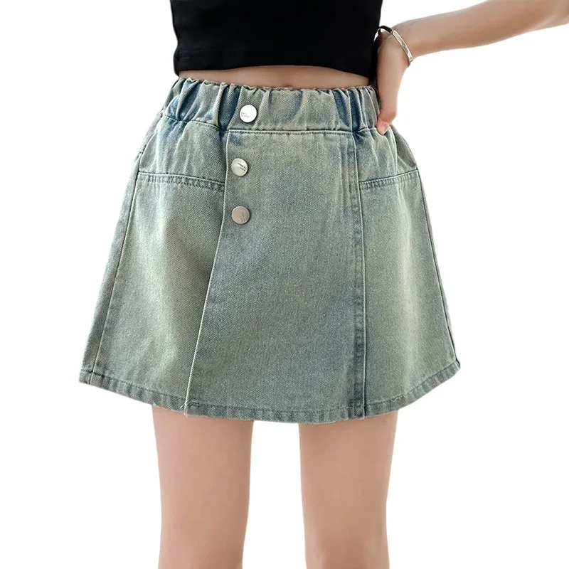 Girls Denim shorts Skirt Summer Children's Culottes Teenager Kids Casual Pantskirt Checkerboard Button Trouser Skirts