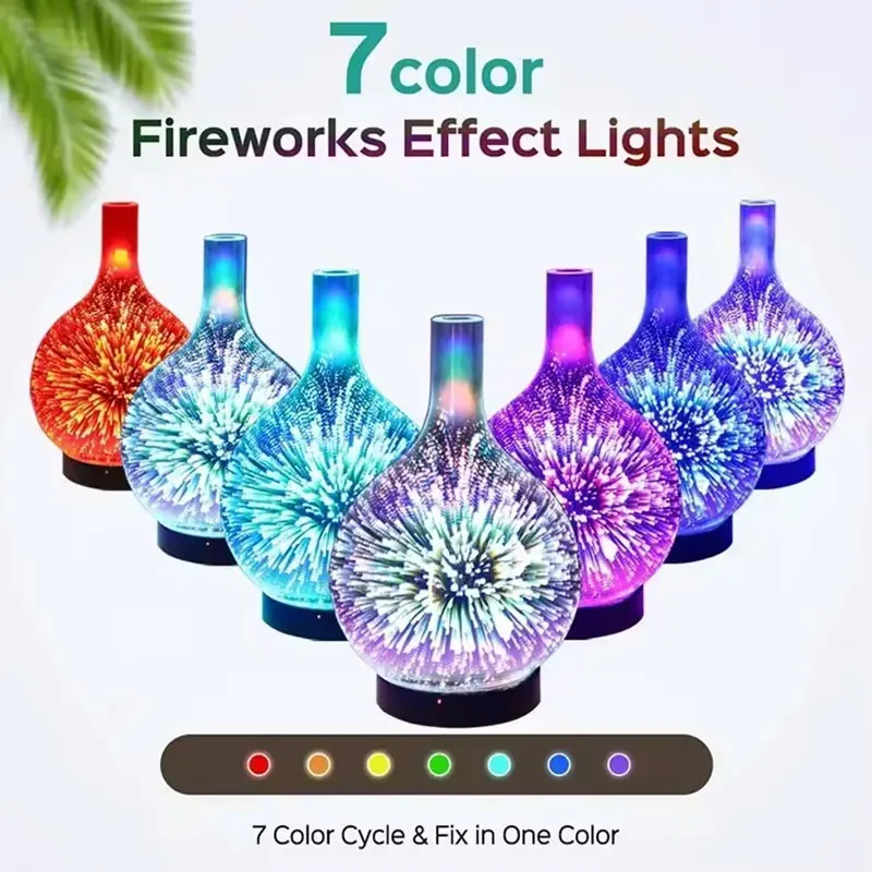 3D Fireworks Glass Air Humidifier Aroma Machine Ultrasonic Essential Oil Aroma Diffuser 4 Timer 7 LED Lights 100ml Home Use 3
