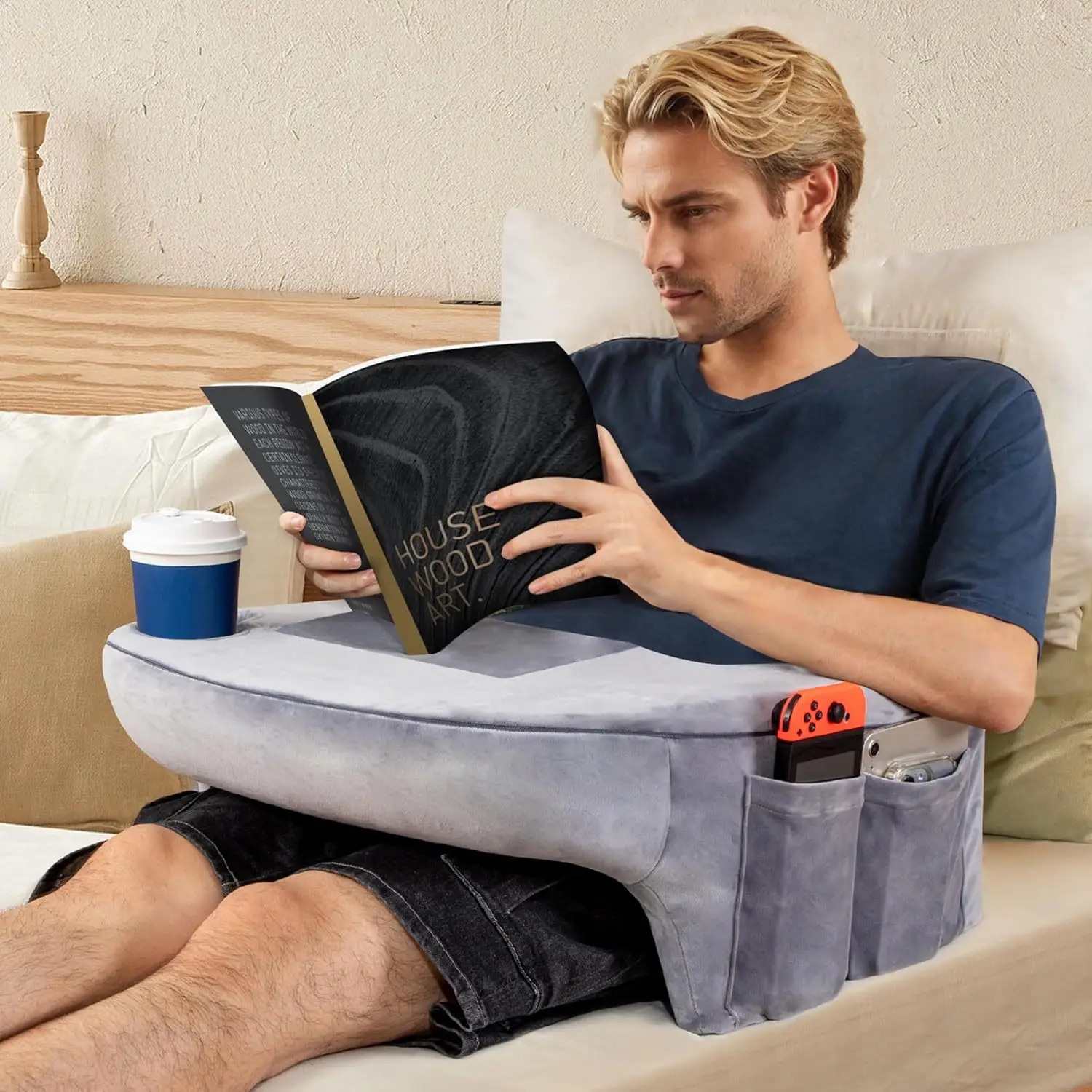 Reading Pillow for Gaming, Memory Foam Lap Desk Gaming Pillow for Reading, Working,  or Sitting in Bed Floor Sofa (Gray)