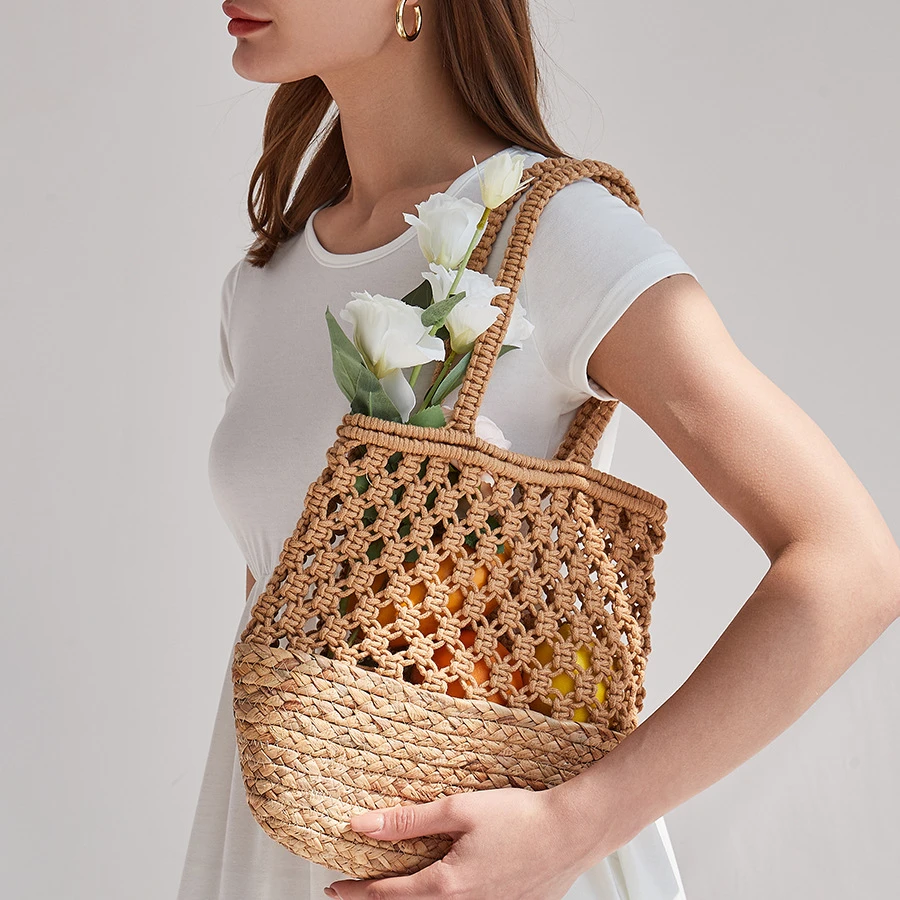 Casual Hollow Rope Woven Women Handbags Large Straw Buckets Bag Rattan