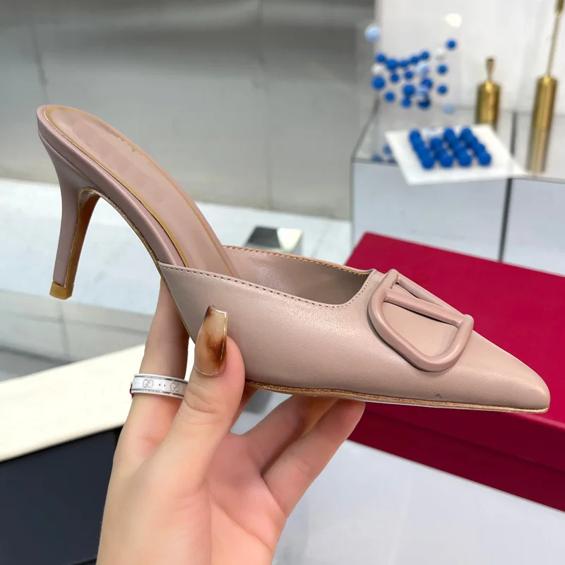 GPBD Designer High Heels Slipper For Woman Casual Fashion Metal Leather Matte Womens Sandal Real Leather Banquet Woman Shoes