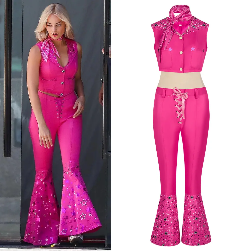

Movie Barbe Costume Sexy Starry Pink Vest Top Pants Scarf Suit For Women Ladies Margot Robbie Costume Halloween Carnival Party