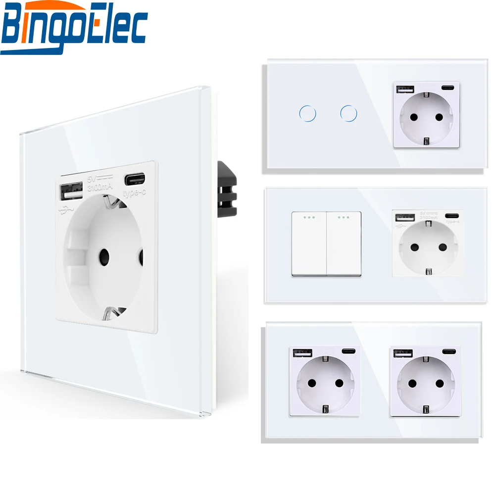 Bingoelec Padrão da ue Interruptor de Luz de Parede Painel de Vidro de Cristal Branco com Tomada de Parede com Tomada Usb Tipo-c