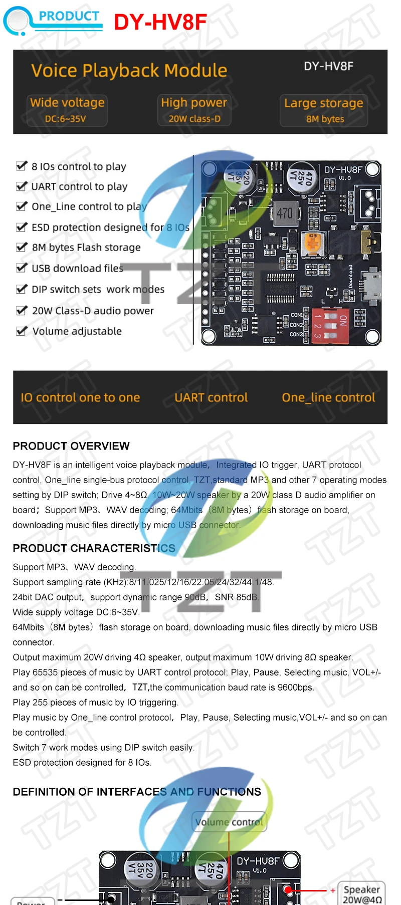 1/3PCS DY-HV8F 12V/24V netzteil10W/20W Stimme wiedergabe modul unterstützung Micro SD karte MP3 musik-player für Arduino – Detail 2