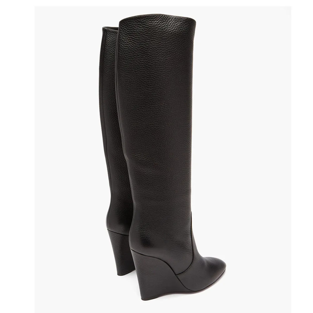 2022 Winter Long Boots Wedges High Heel Knee Boot Ladies Pointed Toe Party Evening Shoes Black Boots Plus Size Free Shipping