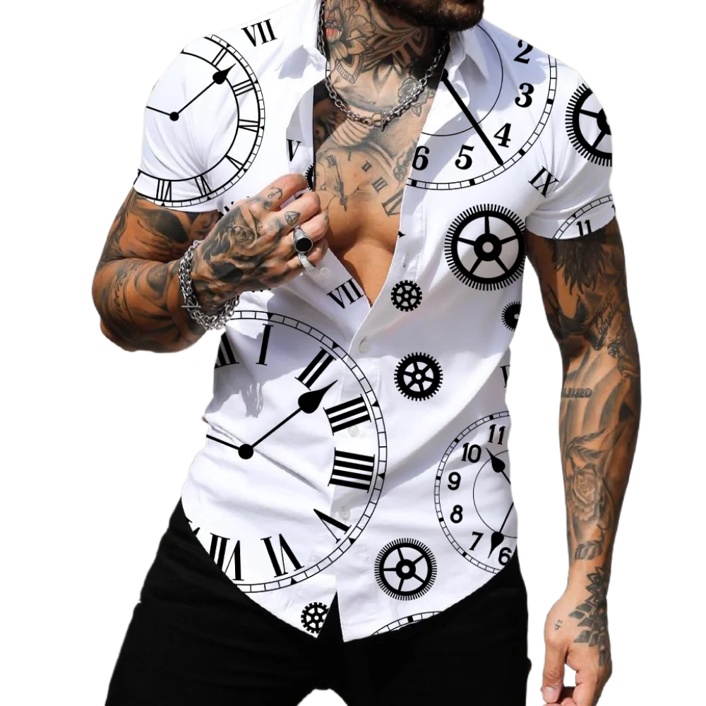 

Men's Shirt Lapel Top Hawaiian Shirt Fashion Men's Short Sleeved Street Clothing 3D Printed Stripe Patch Men's Beach Wear