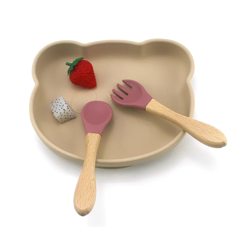 Name Personalized Baby Bamboo Fork Silicone Wooden Feeding Spoon Toddlers Infant Feeding Accessories Organic BPA Free silicone cutlery set baby feeding spoon