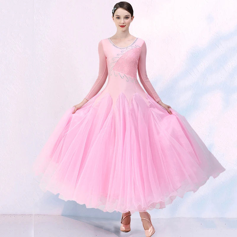2023 New Pink Ballroom Dance Dress Women Performance Lace Waltz