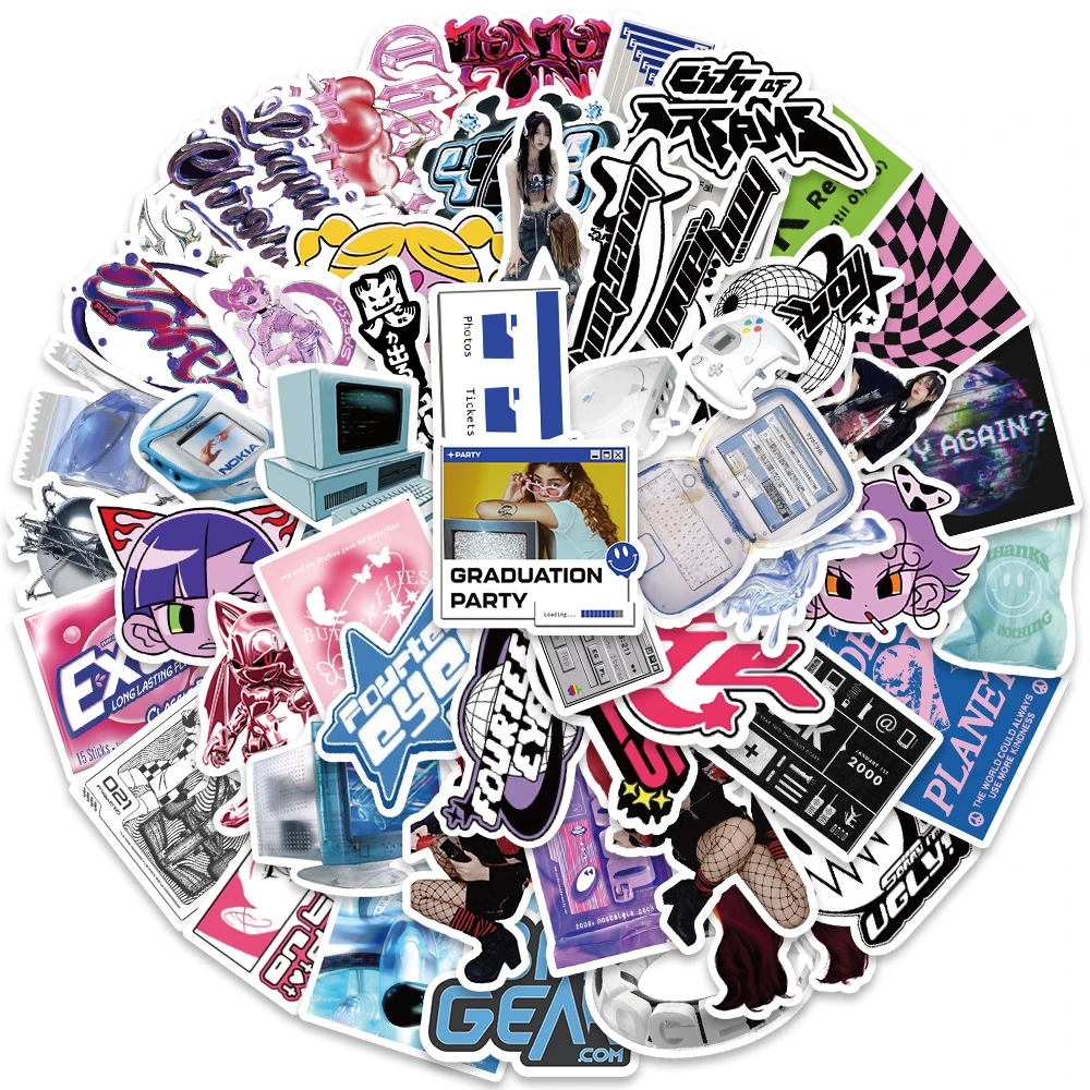 53PCS Y2K Girls VSCO 90s 하라주쿠 스타일 빈티지 스티커 귀여운 미적 데칼 일기 오토바이 노트북 스크랩북 장난감 스티커