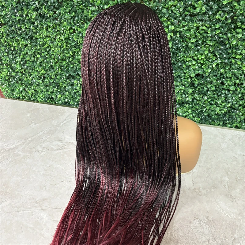 Fashion Lace Closure Braided Wigs Straight 1B/99J Synthetic Knotless Box Crochet Braids Hair Wig for Black Women Pre Plucked