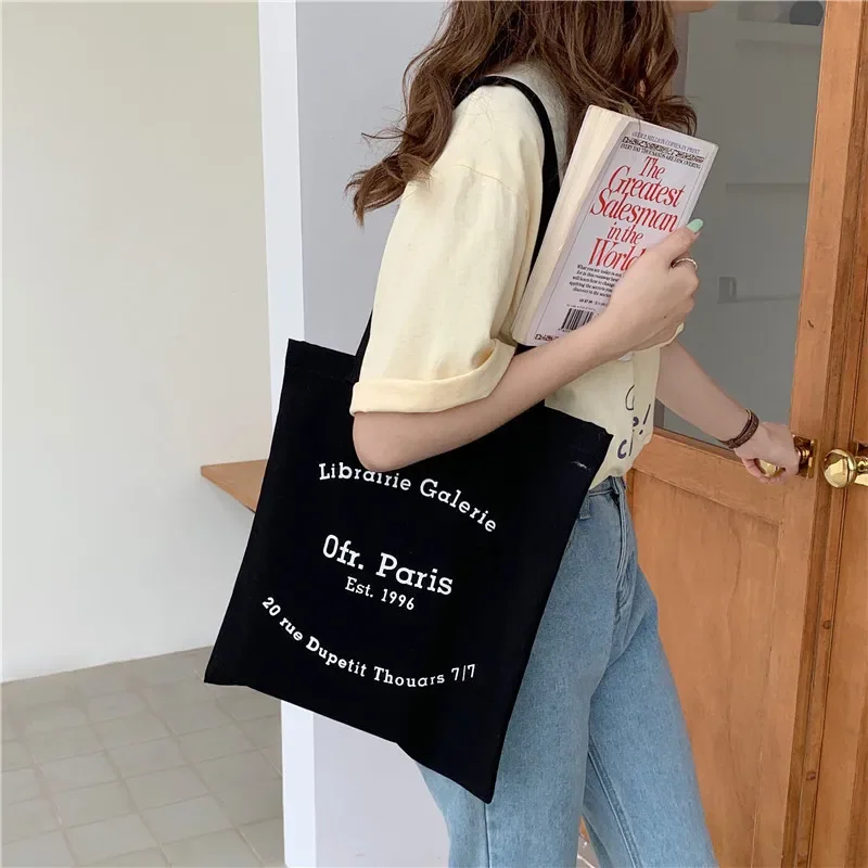 

Women Canvas Shoulder Bag Paris Letters Print Shopping Bag Eco Cotton Linen Shopper Bags Cloth Fabric Handbag Tote For Girls