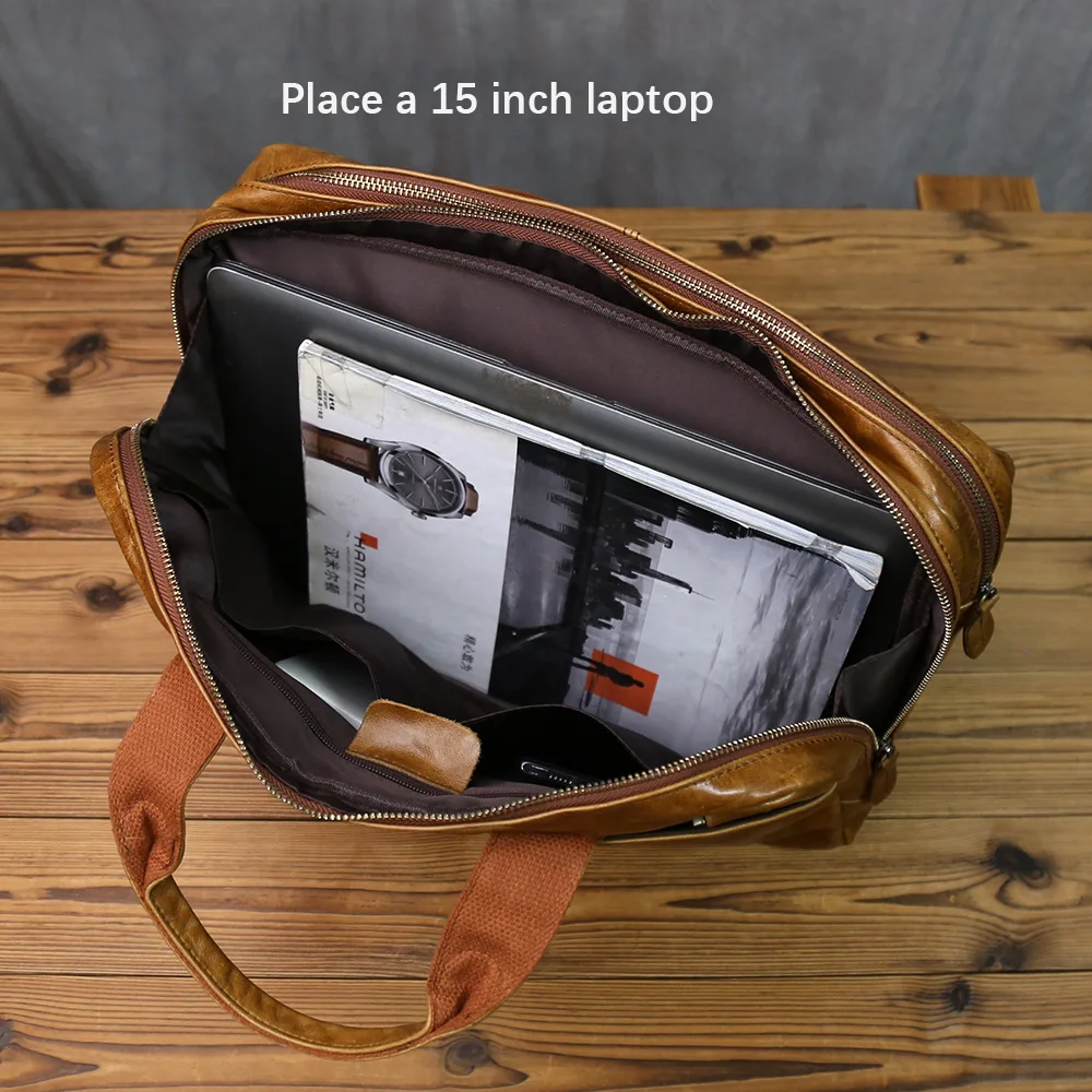 NZPJ Men's Retro Genuine Leather Briefcase Top Layer Cowhide Handbag  Large Capacity Crossbody  Bag  For 15-Inch Laptop