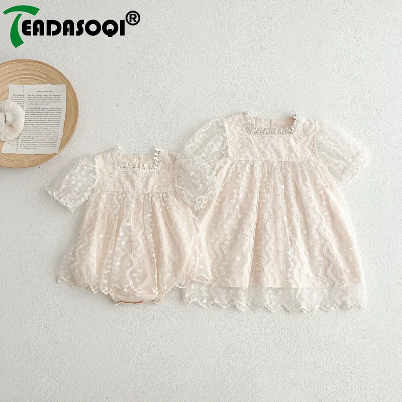 

Summer Newborn Baby Girls Sweet Jumpsuit Toddler Infant Bodysuits Short Sleeves Lace Kids Princess Dress Girl Sister Clothes