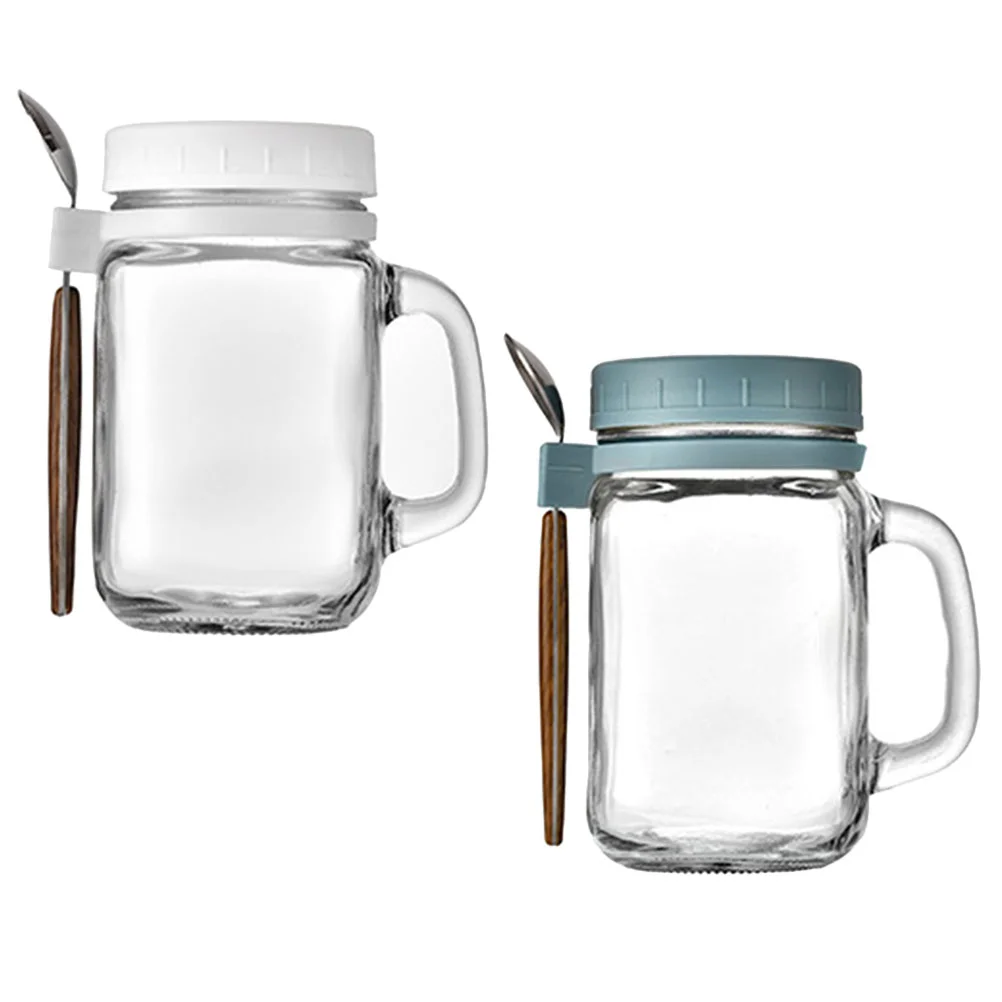 

2 Sets 480ml Portable Overnight Breakfast Oatmeal Glass with Spoon Handle 2pcs Jar Grain Storage Lid Sealed Cups Tea Pot