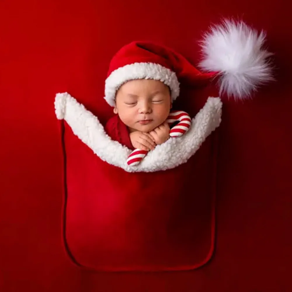 ❤️ Vêtements de photographie pour nouveau-nés, chapeau de noël + tissu de fond de poche, 2 pièces/ensemble, accessoires de Studio Photo pour bébé, tenues de père noël