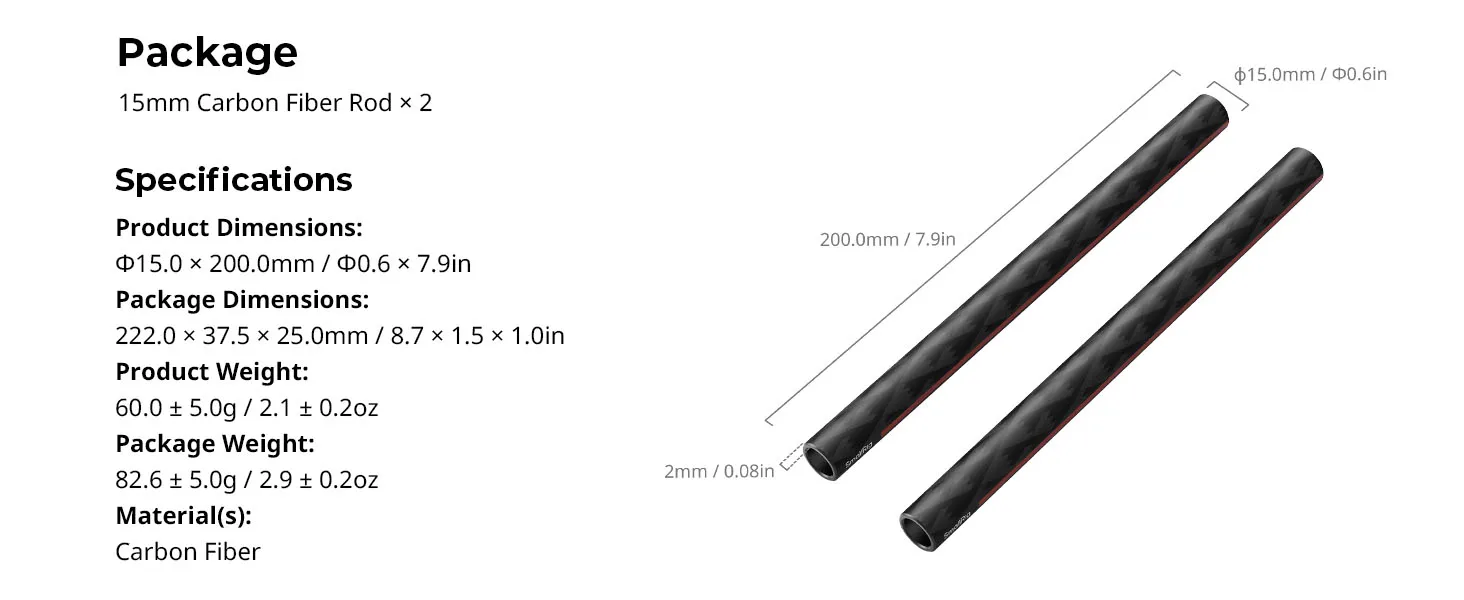 15mm Carbon Fiber Rods for Accessories Come with 15mm Rod Clamps 8/12 inches 2pc