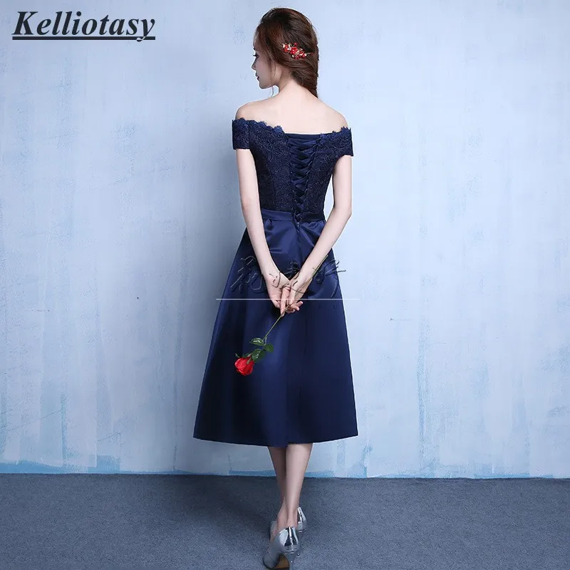 Navy Blue Bridesmaid Dresses Plus Size Off Shoulder Lace Appliqued Bridesmaid Gown Women Party Dress Formal
