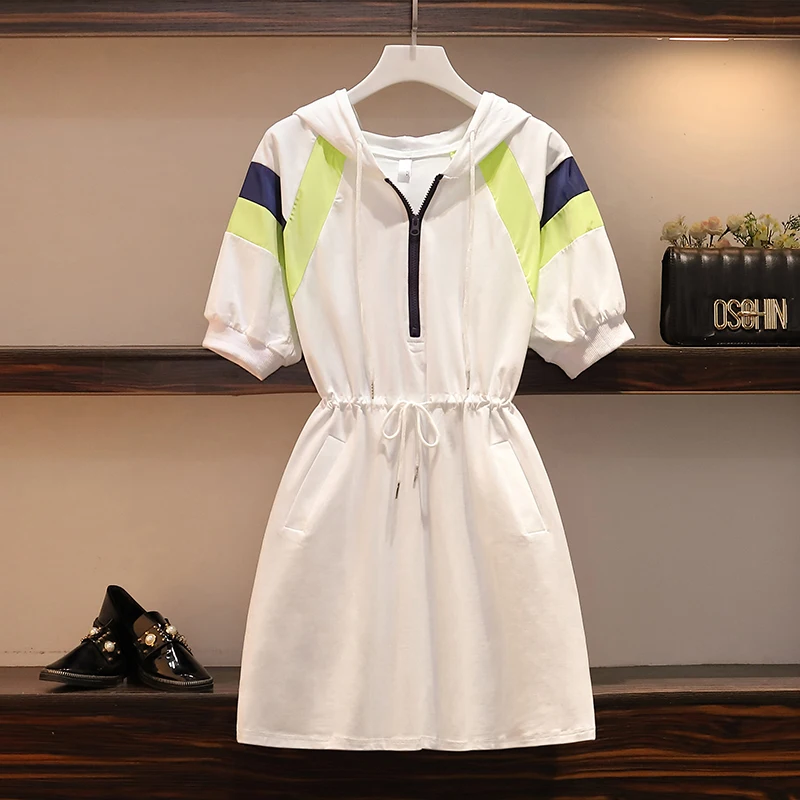 

Summer Women Oversize Cotton Hooded Lace Up Dress Pullover Zipper Mini Dress 2021 Fashion Casual Loose Slim Dress 3XL