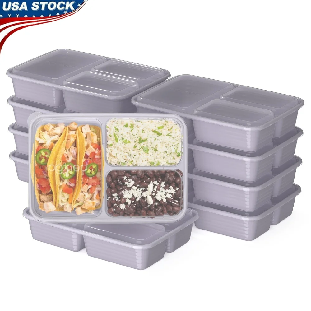 20-Piece Meal Prep Kit 3-Compartment Storage Containers with Lids Stackable Microwave Safe Reusable BPA-Free Healthy Portion