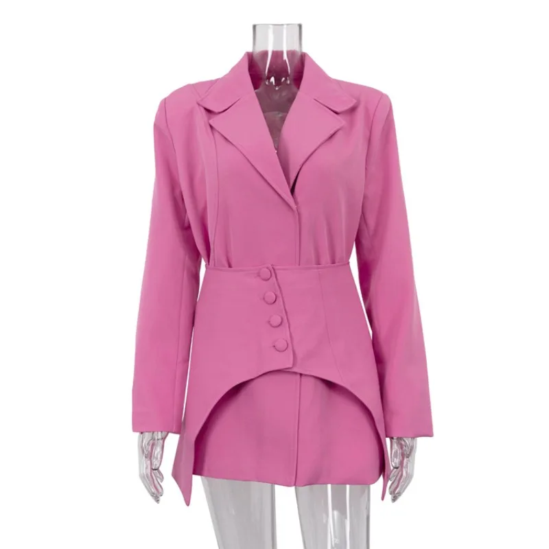 Slim Long Blazer Suits For Women Fashion Pink High Waist Skirts Female Turn Collar Blazer 2 Piece Sets Womens Outfits New