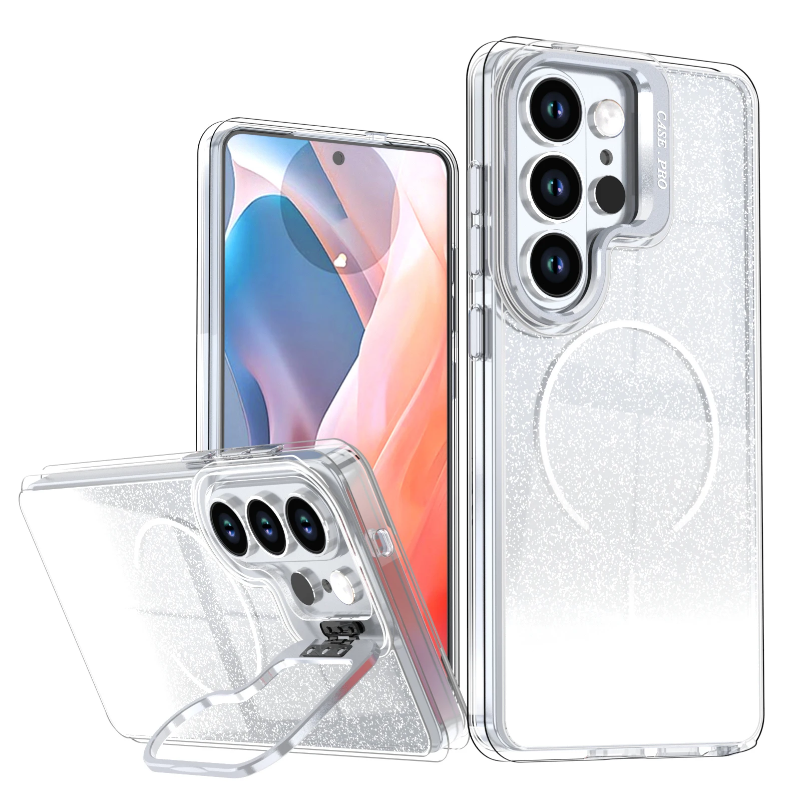 Luxury Glitter Gradient Lens Holder Stand Protect Case with Magsafe Wireless Charging Cover