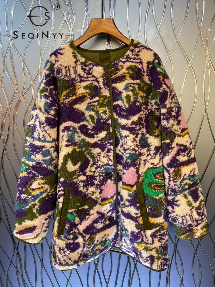 

SEQINYY 74% Wool Long Coat Autumn Winter New Fashion Design Women Runway Vintage Print Pockets Thick Top Loose Casual