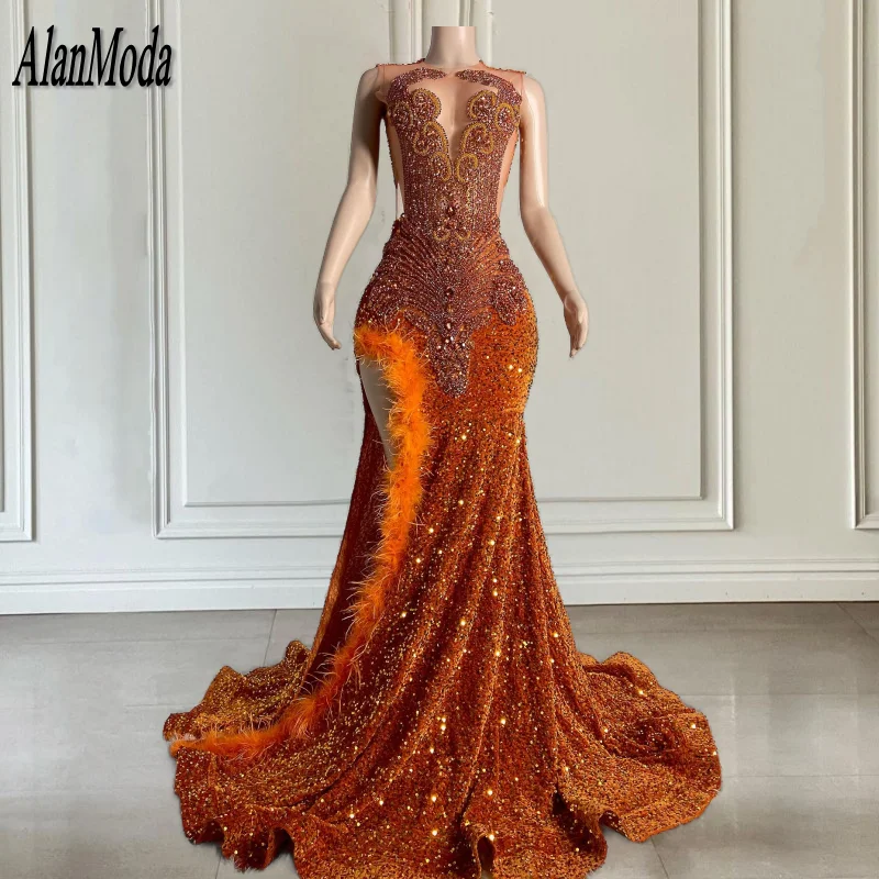

Orange Prom Dresses For Black Girls Crystal Feathers Mermaid Party Gowns Sheer Neck Evening Dress Vestidos De Gala 2024