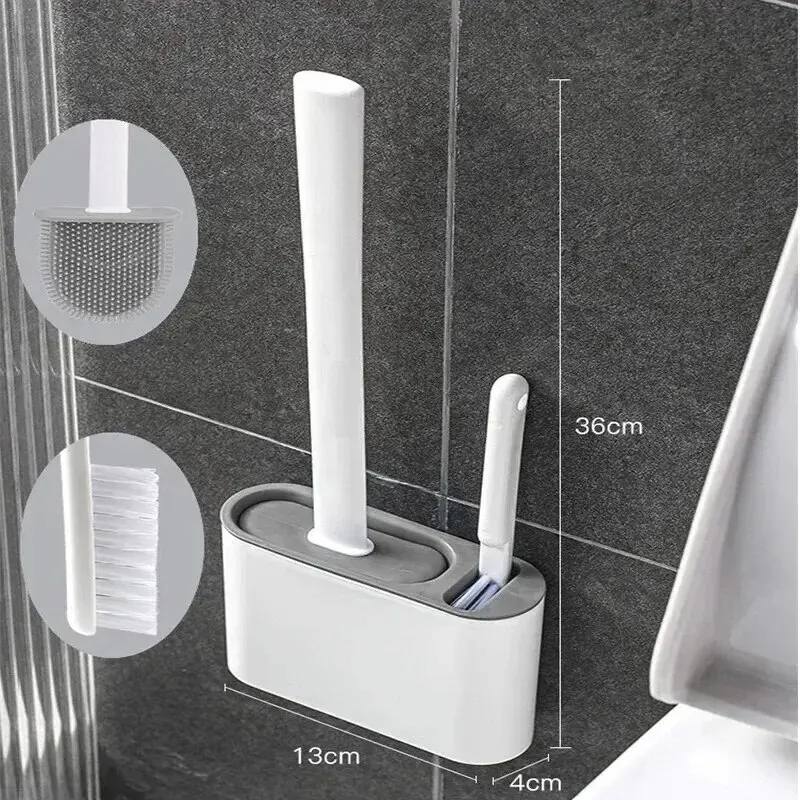 Bathroom Accessories Toilet Brush Holder Wall Hanging Toilet Cleaning WC Brush Holder Long Handled Silicone Water Proof Quick Drying Soft Bristles Bathroom Accessories