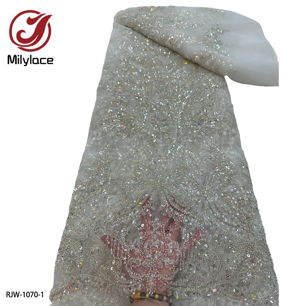 

Luxury African Heavy Beaded Lace Fabric High Quality 5 Yards Nigerian Sequins Embroidery Lace Fabric for Wedding RJW-1070