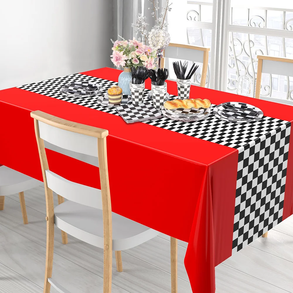 

Race Car Birthday Party Supplies Checkered Black and White Party Tableware Banner Tablecloth Dining Plate Napkins Cup Lnife Fork