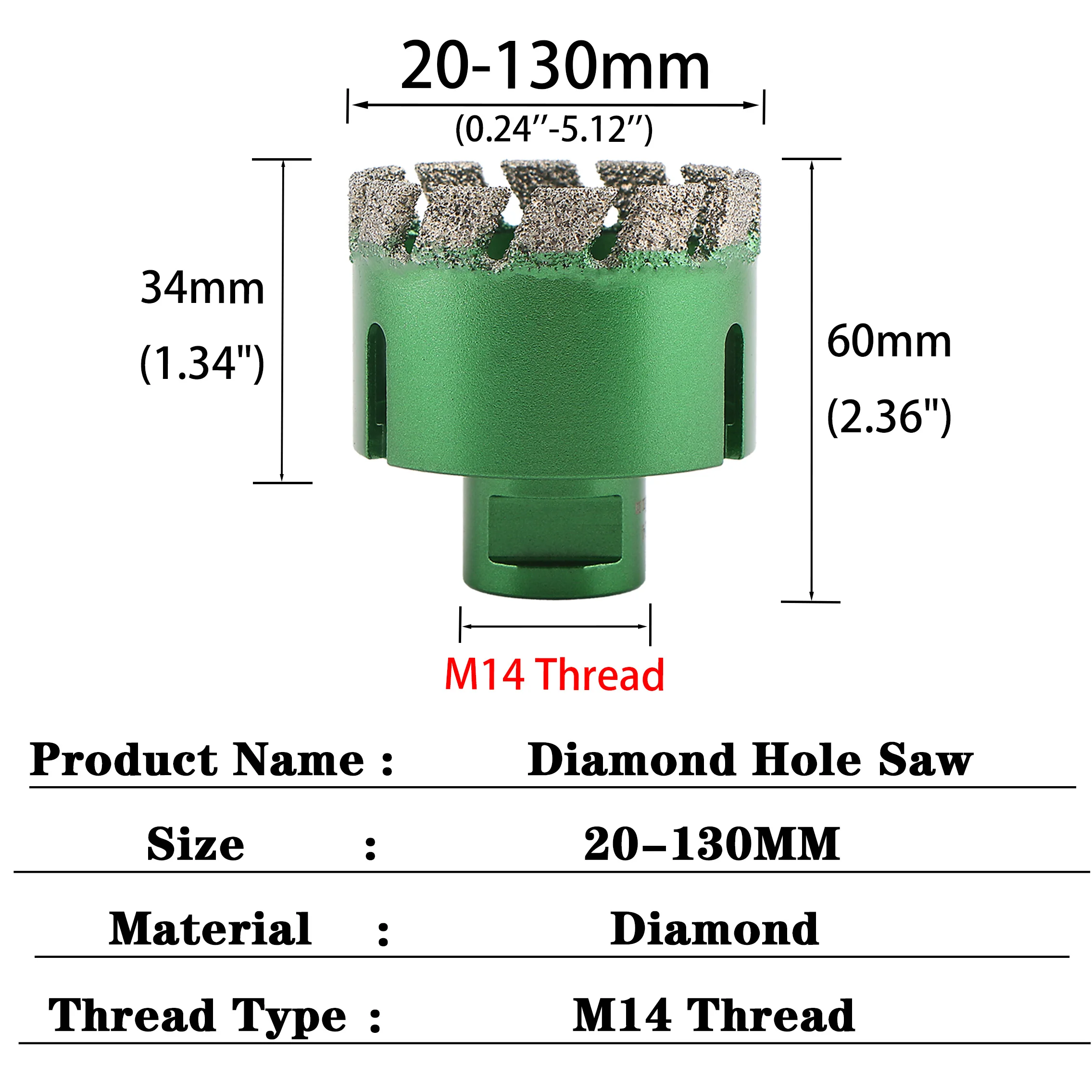 레이젠 M14 드라이 진공 브레이징 다이아몬드 코어 드릴 비트 20-130mm 사이클론 홀쏘 (세라믹 타일, 화강암, 대리석, 도자기, 석조용)