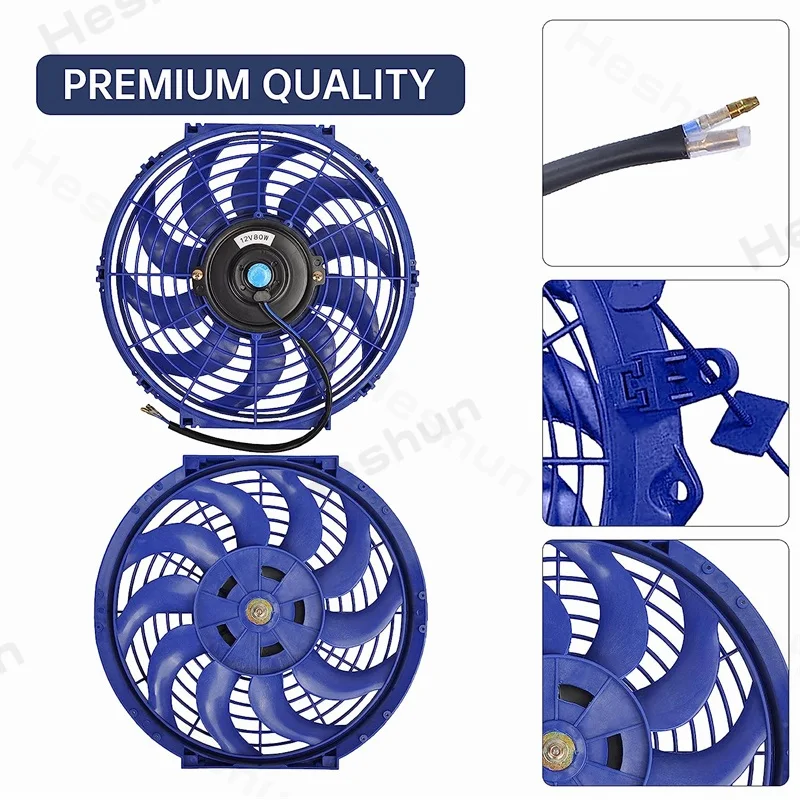 12" Inch Universal Slim Condenser Fan Push Pull Electric Radiator Cooling Fans 12V 80W Mount Kit 2000 RPM Blue High Performance