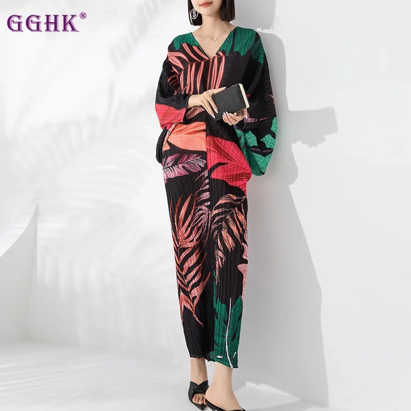 

GGHK Miyake Pleated Fashion Printed Maxi Dress V Neck Batwing Sleeve Loose Plus Size Casual Evening Party Dresses Autumn New