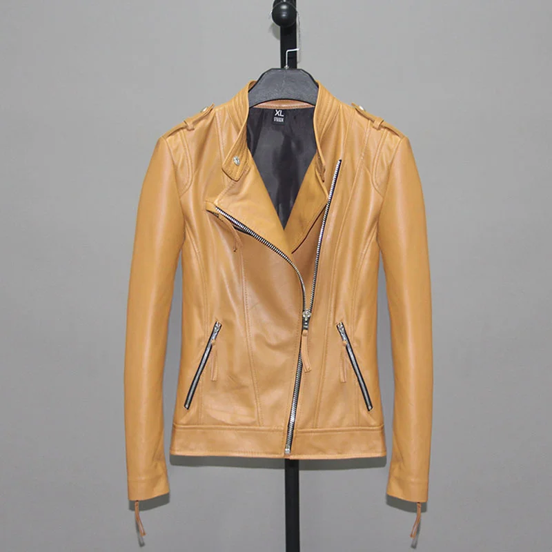 

Женская Классическая приталенная куртка, короткая мотоциклетная куртка из 100% натуральной овечьей шкуры с воротником-стойкой и скошенной молнией, весна-осень