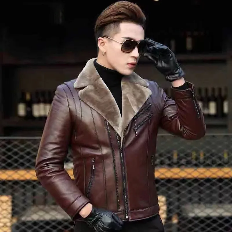 2023 New Winter Leather Jacket Men's PU Sports Jacket Men's Slim Fit Casual Sports Jacket Men's Suit Collar Coat