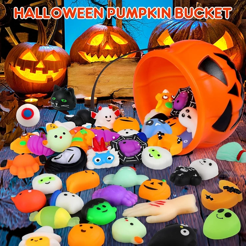 50Pcs Halloween Mochi Squishy Toy Gifts Kids Halloween Party Favors Trick or Treat Goodie Bag Pumpkin Bucket Filler School Prize