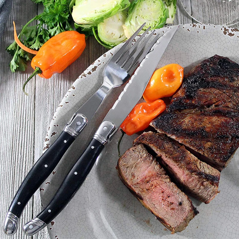 6-10pcs Laguiole Black wood Steak knives Stainless Steel Serrated Dinner Knife Red Solid Wooden Table Knifes Dinnerware set