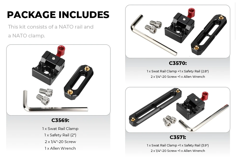 Quick Release NATO Rail Clamp with 2/2.8/3.9inch Safety Rail For Camera Cage Rig