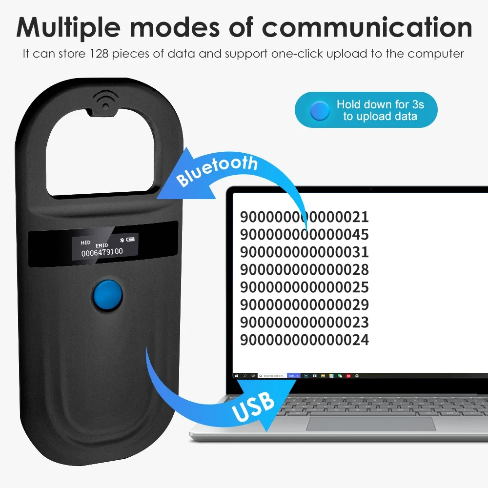 검정색 RFID 마이크로칩 리더기, 134.2KHz/125kHz USB 블루투스 애완동물 스캐너, 고양이 개용 FDX-B 칩 식별 장치