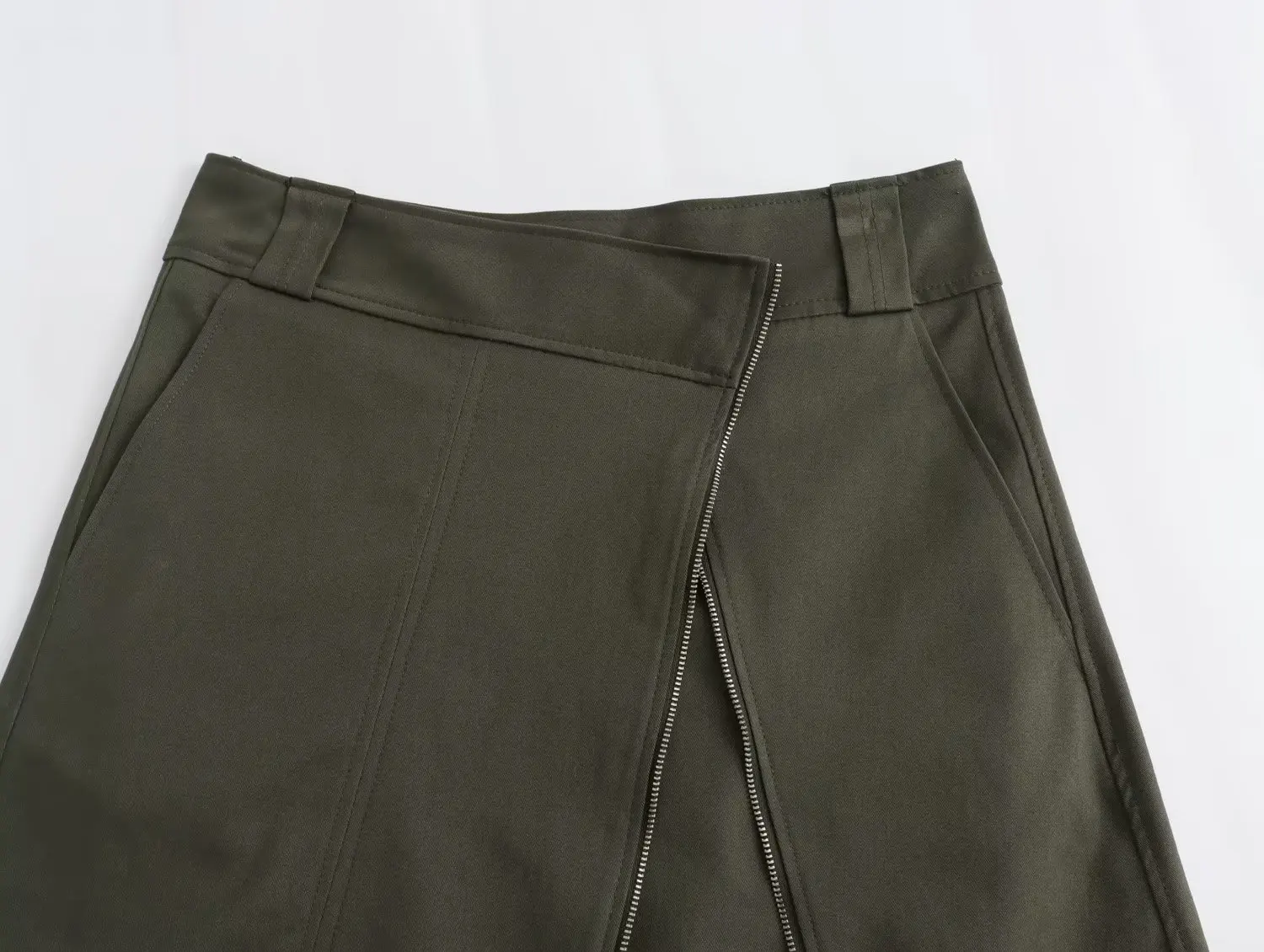 Jenny&Dave With Zipper Military Green Casual Midi Skirt Women Fashion Blogger High Waist Retro Asymmetric Split Skirt