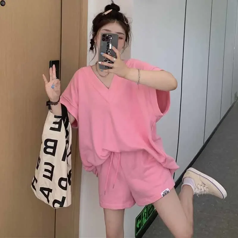 DAYIFUN-Pink Matching Sets for Women V-neck Top and Shorts Back Strap Loose Design Feel Suits Summer Clothing New 2024 2 Pcs Set