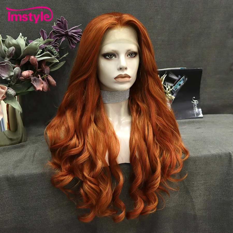 Imstyle Ginger Wig Synthetic Lace Front Wig Orange Mixed Color Long Wavy Heat Resistant Fiber Cosplay Wigs For Women synthetic wig