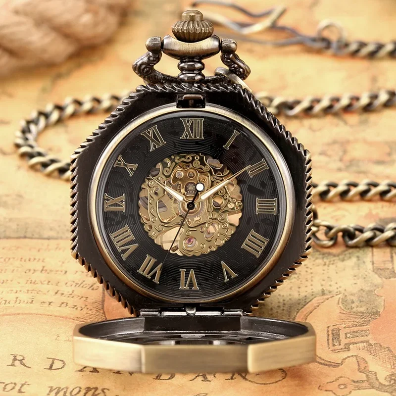 Steampunk Hollow Octagon Shape 남성 여성 Handwind 기계식 주머니 시계 해골 시계 FOB 펜던트 체인 로마 숫자 디스플레이