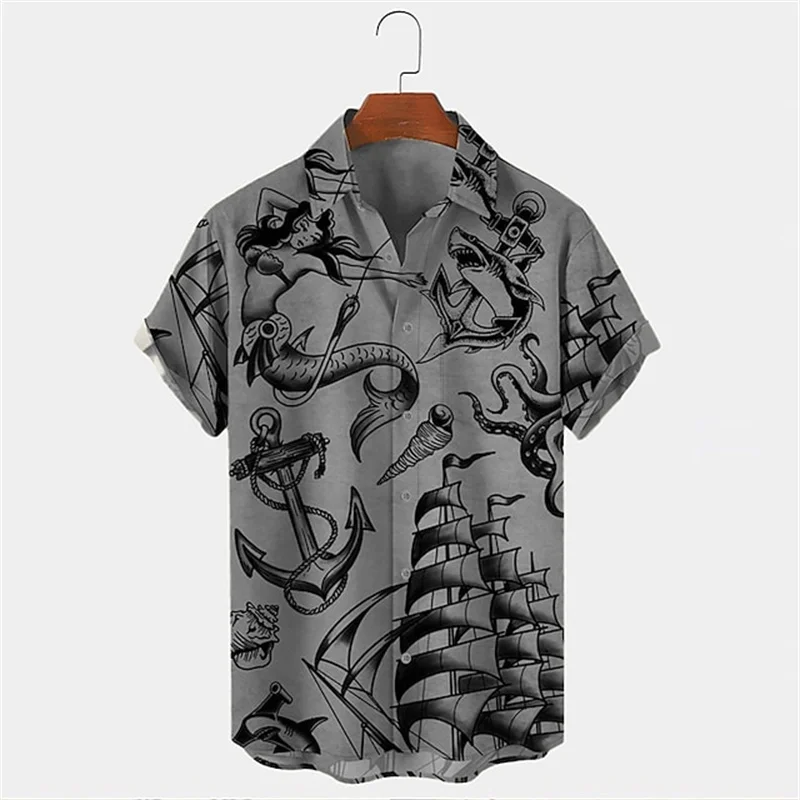 Men's Vintage Mermaid Print Shirts Boat Anchor Print Button Shirts Summer Ocean Element Shirts Men's Hawaiian Leisure Shirts 3