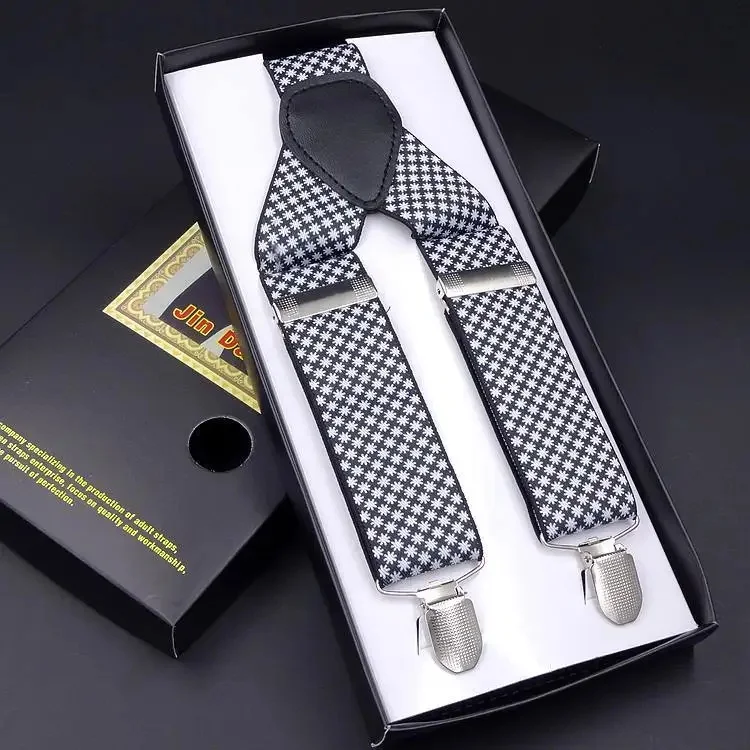 Men's Three Clip 3.5 Embroidered Suspenders 3.5*115cm Multi-Color Printed Weave Belt Buckle-Free Fashionable Trouser Suspenders